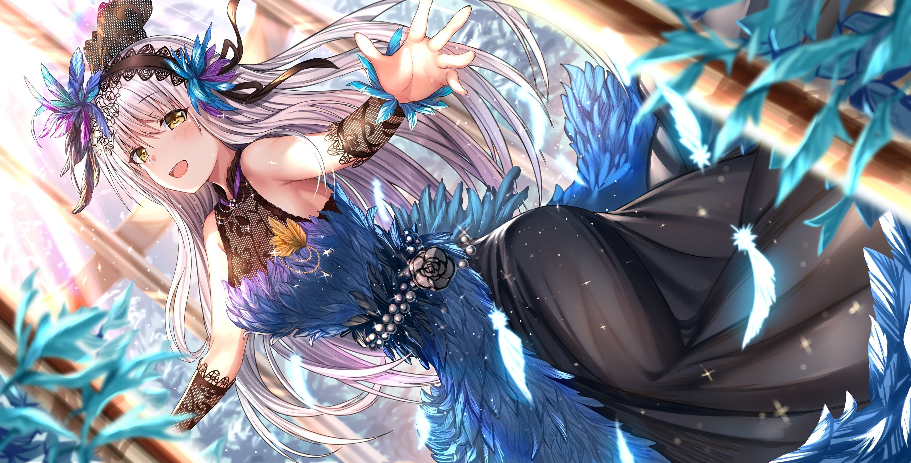 aldehyde bang dream! blush dress feathers gray hair headband long hair minato yukina yellow eyes wallpaperx1500