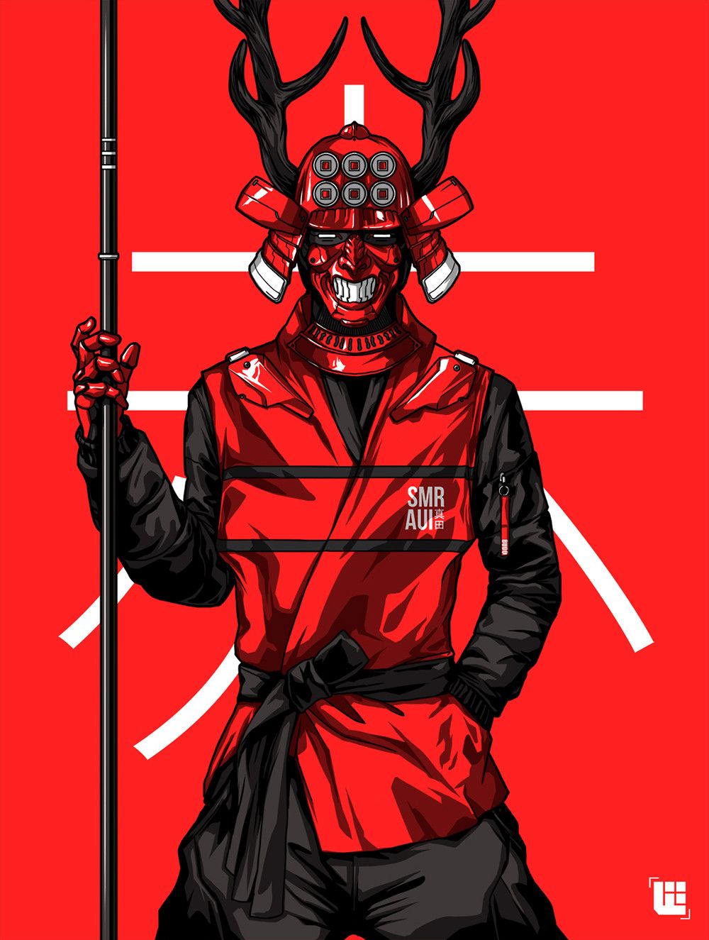 Wallpaper, Bryan Lie, men, samurai, red background, coats, Masked, staff, horns 1000x1325