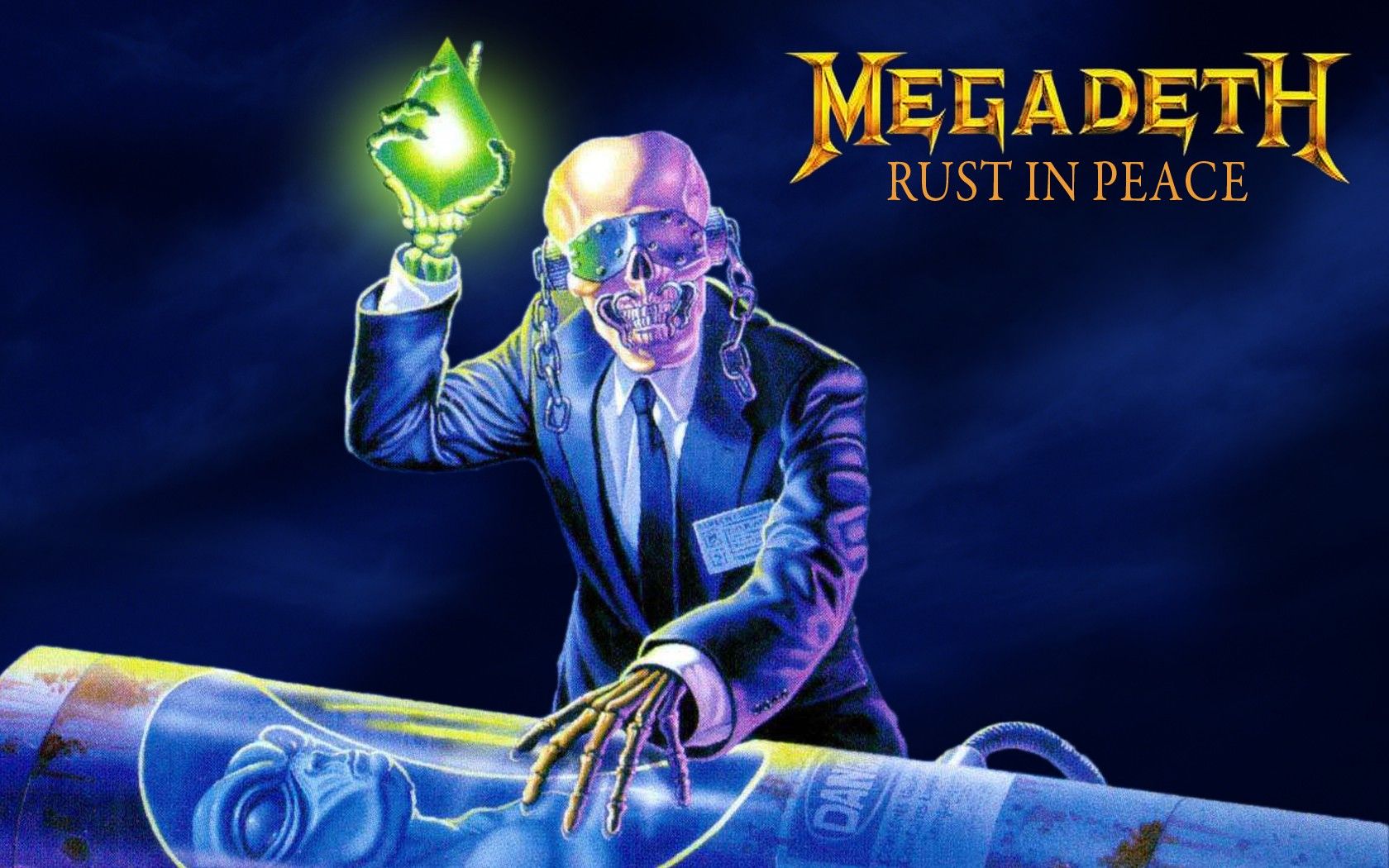 Wallpaper, band, metal music, 90s, heavy metal, thrash metal, Rust in Peace, Vic Rattlehead, Megadeth, Big Dave Mustaine, performance, stage 1680x1050