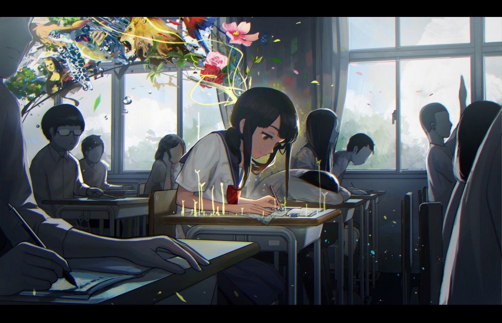 flowers, anime, school, classroom, gray background, studying, conversation, screenshot. Mocah HD Wallpaper