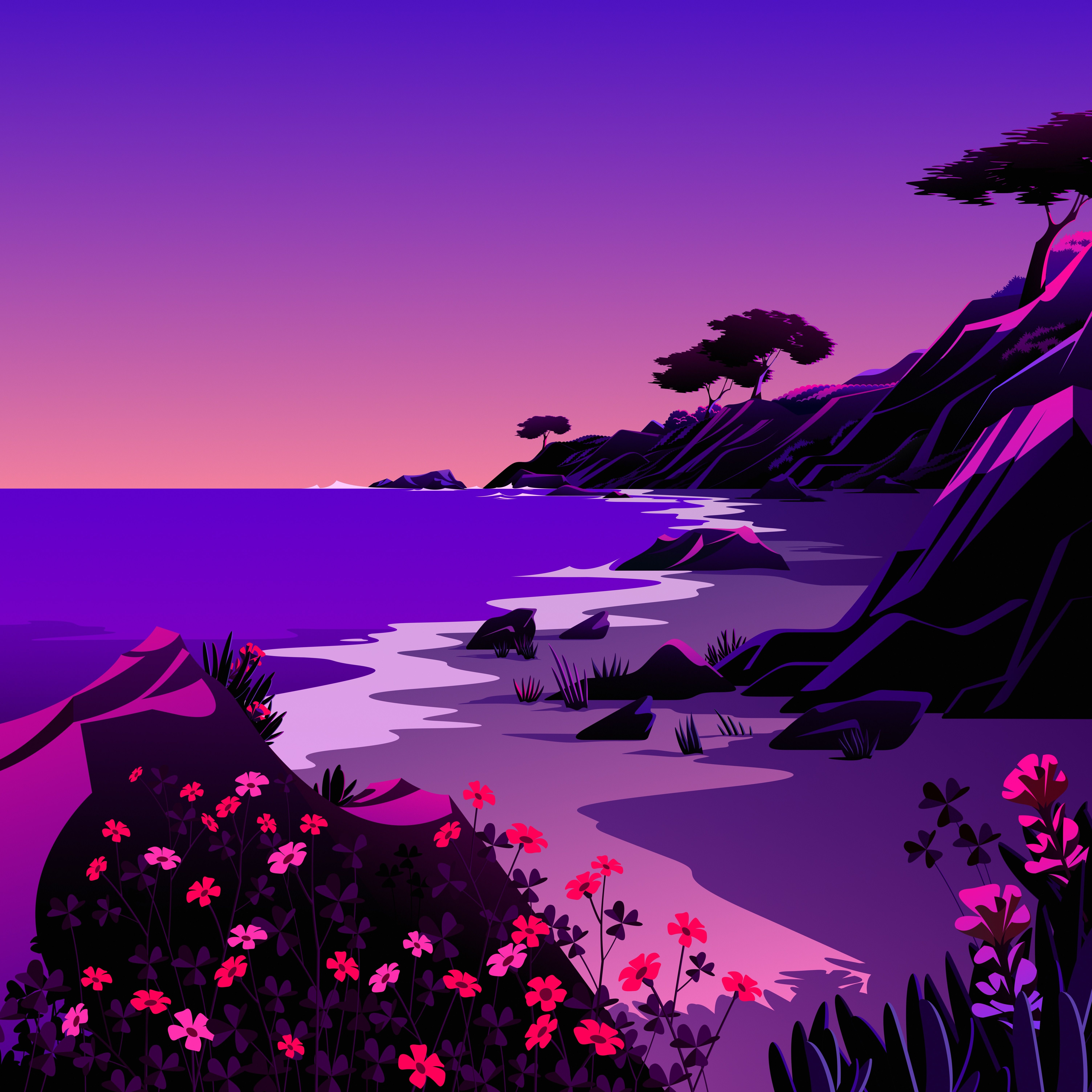 Beach 4K Wallpaper, Landscape, Twilight, Sunset, Scenery, Illustration, macOS Big Sur, iOS 14, Nature