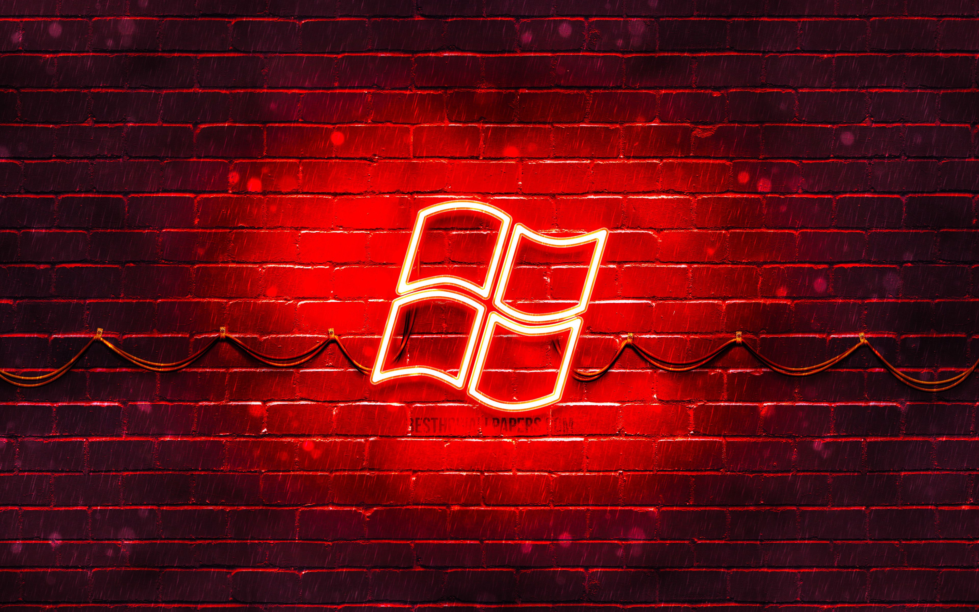 Download wallpaper Windows red logo, 4k, red brickwall, Windows logo, brands, Windows neon logo, Windows for desktop with resolution 3840x2400. High Quality HD picture wallpaper