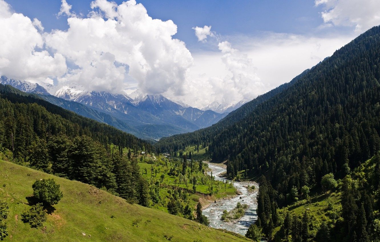 Wallpaper mountains, river, valley, India, pahalgam valley, kashmir image for desktop, section природа