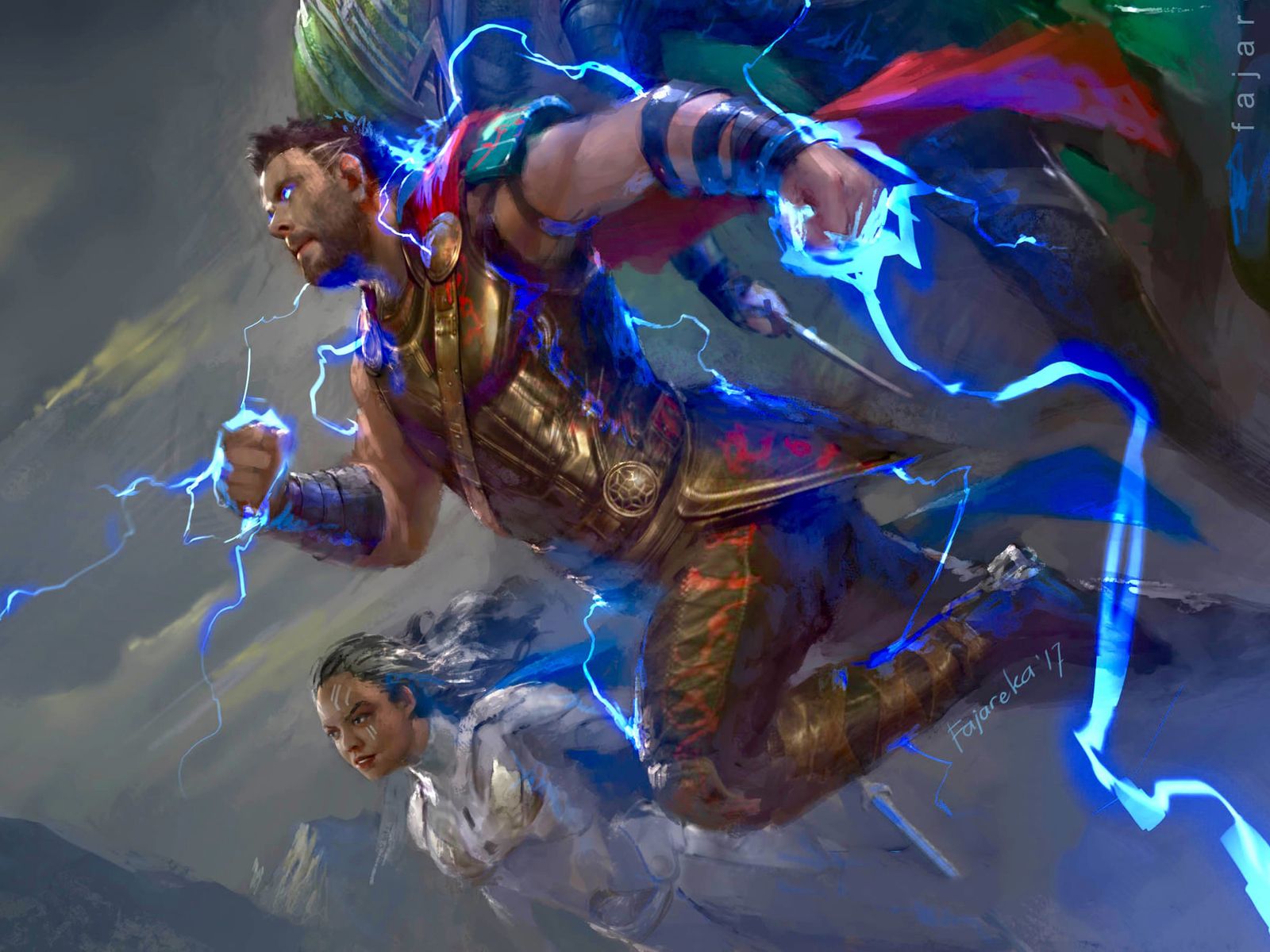 Thor And Valkyrie In Thor Ragnarok Artwork 1600x1200 Resolution HD 4k Wallpaper, Image, Background, Photo and Picture