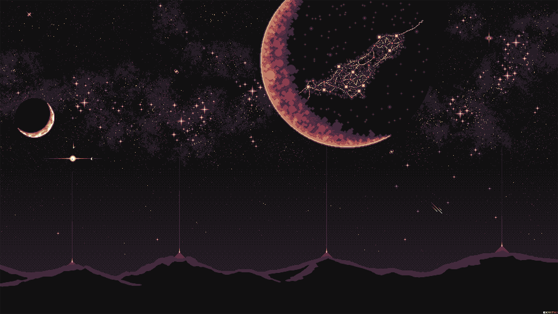 Wallpaper, stars, Moon, pixel art 1920x1080