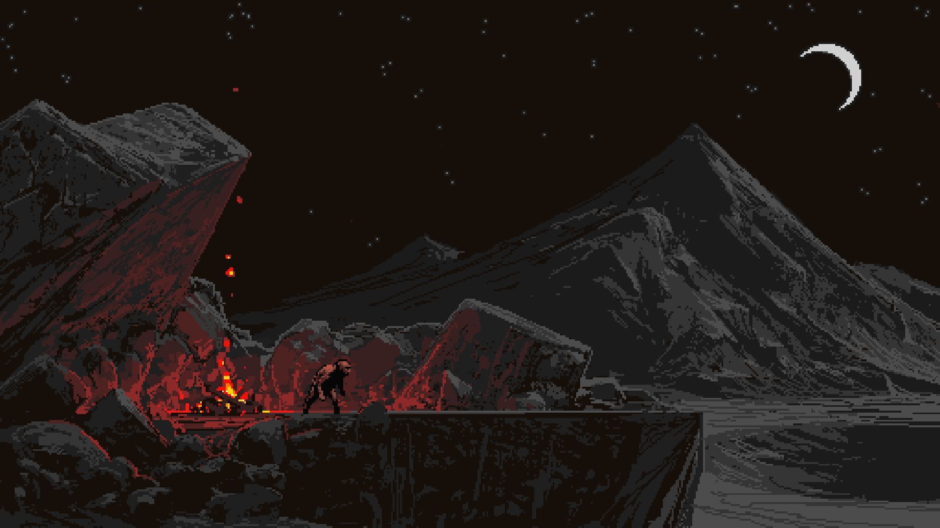 HD wallpaper: camp fire wallpaper, black rocky mountain, pixel art, Moon, The Sin of Man 4K of Wallpaper for Andriod