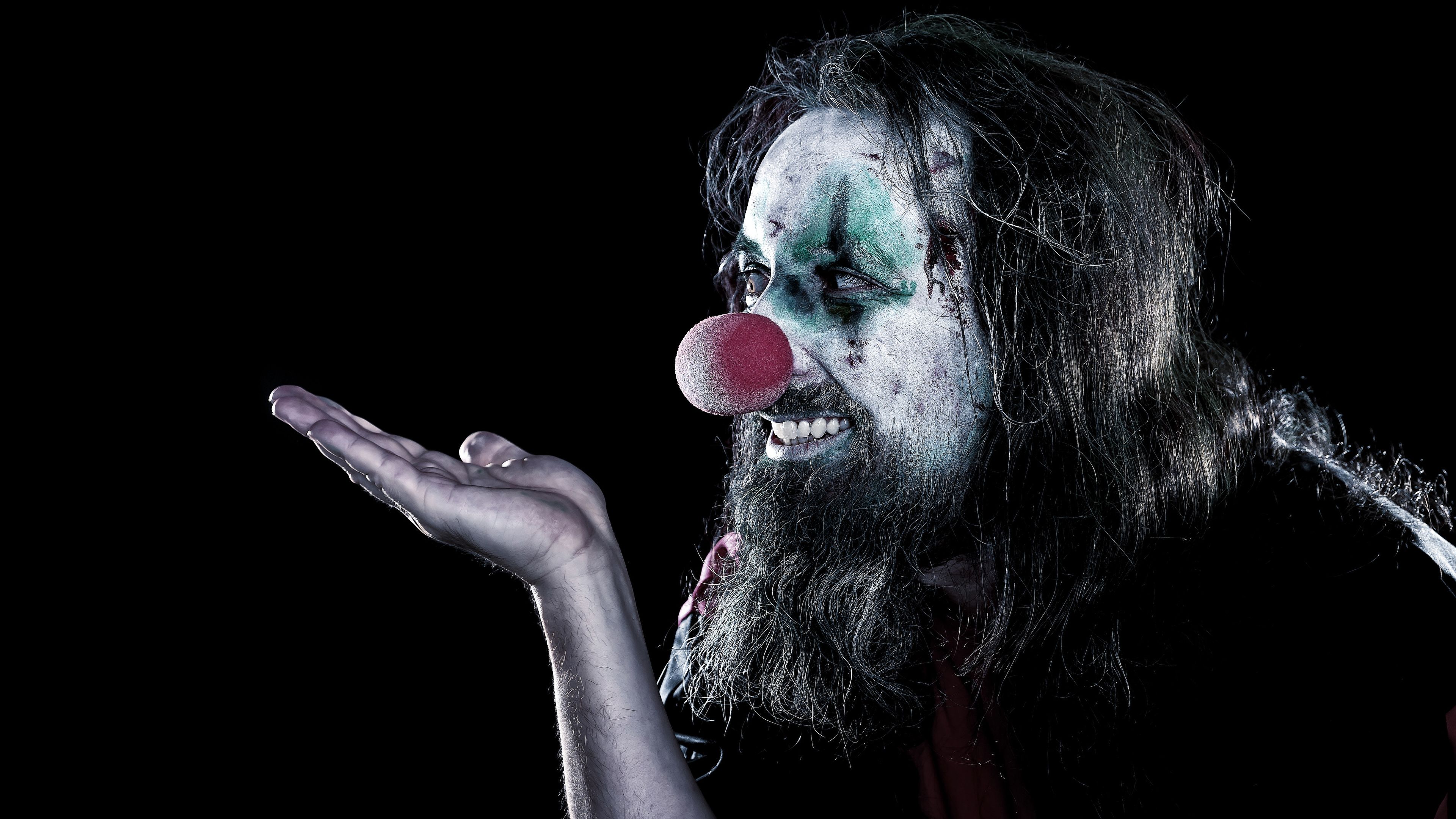 Photos Men Makeup Clown Beard Hands Black background 3840x2160