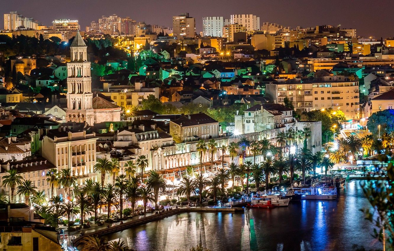 Wallpaper sea, night, lights, palm trees, yachts, promenade, Croatia, Split image for desktop, section город