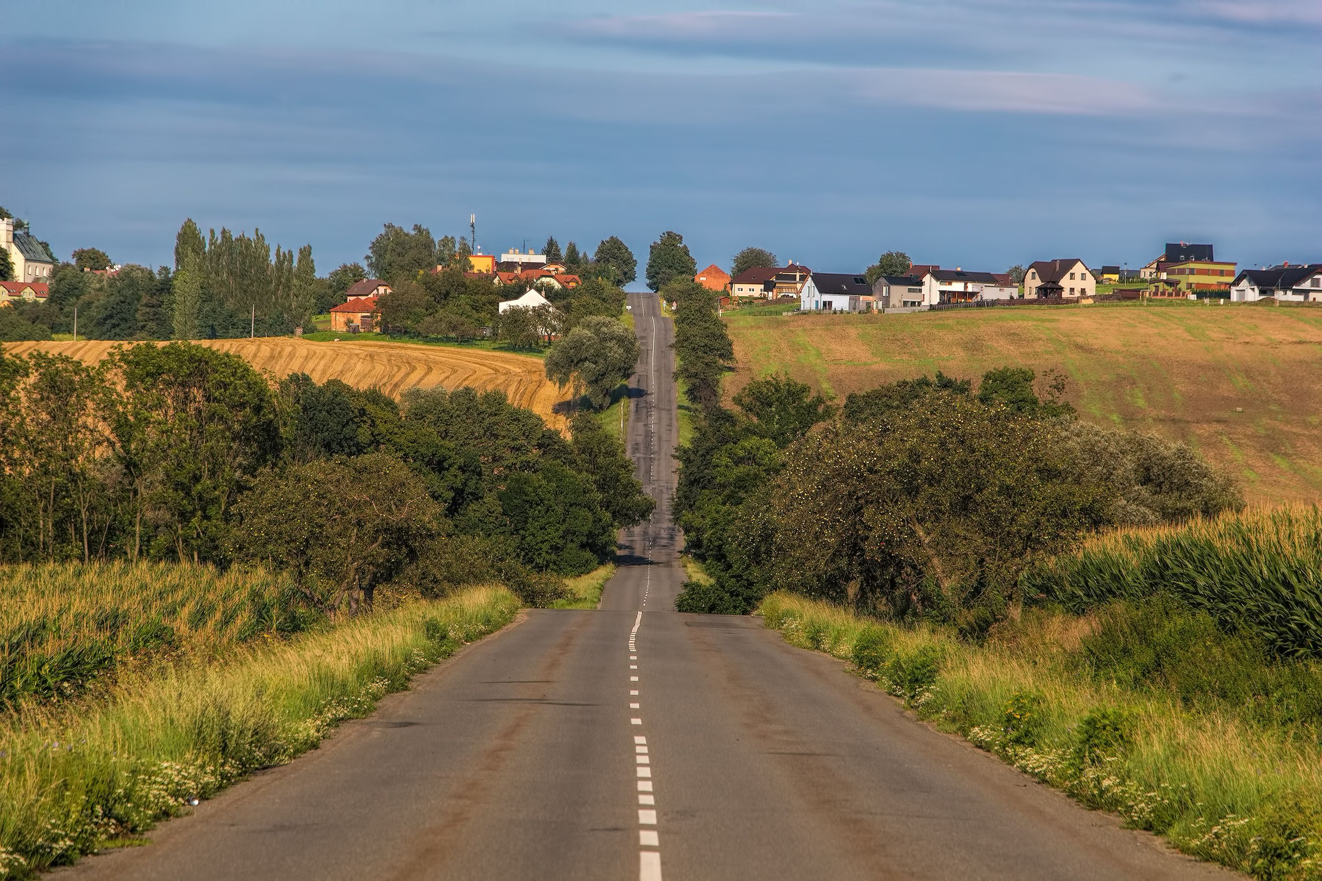 Wallpaper, landscape, hill, nature, sky, field, green, blue, village, Germany, farm, dirt road, horizon, summer, highway, path, asphalt, route, perspective, infrastructure, country, tree, scenery, travel, view, grassland, plant, background, way, small