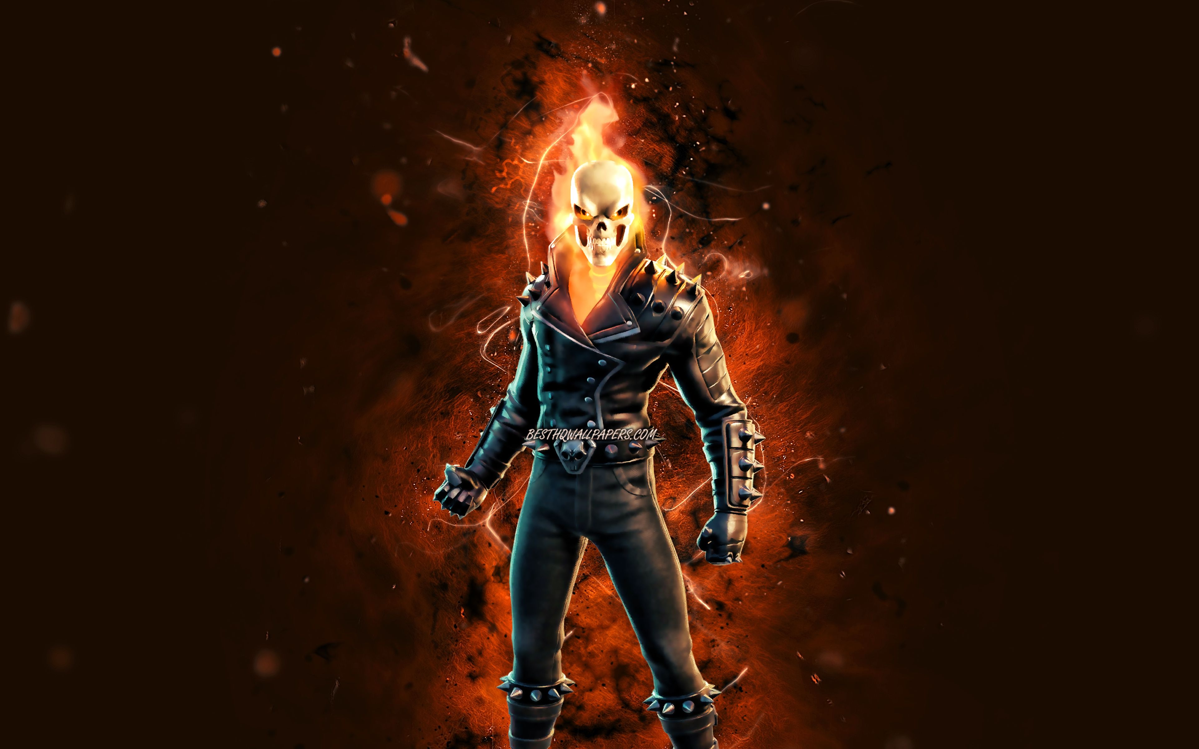 Download wallpaper Ghost Rider, 4k, orange neon lights, Fortnite Battle Royale, Fortnite characters, Ghost Rider Skin, Fortnite, Ghost Rider Fortnite for desktop with resolution 3840x2400. High Quality HD picture wallpaper
