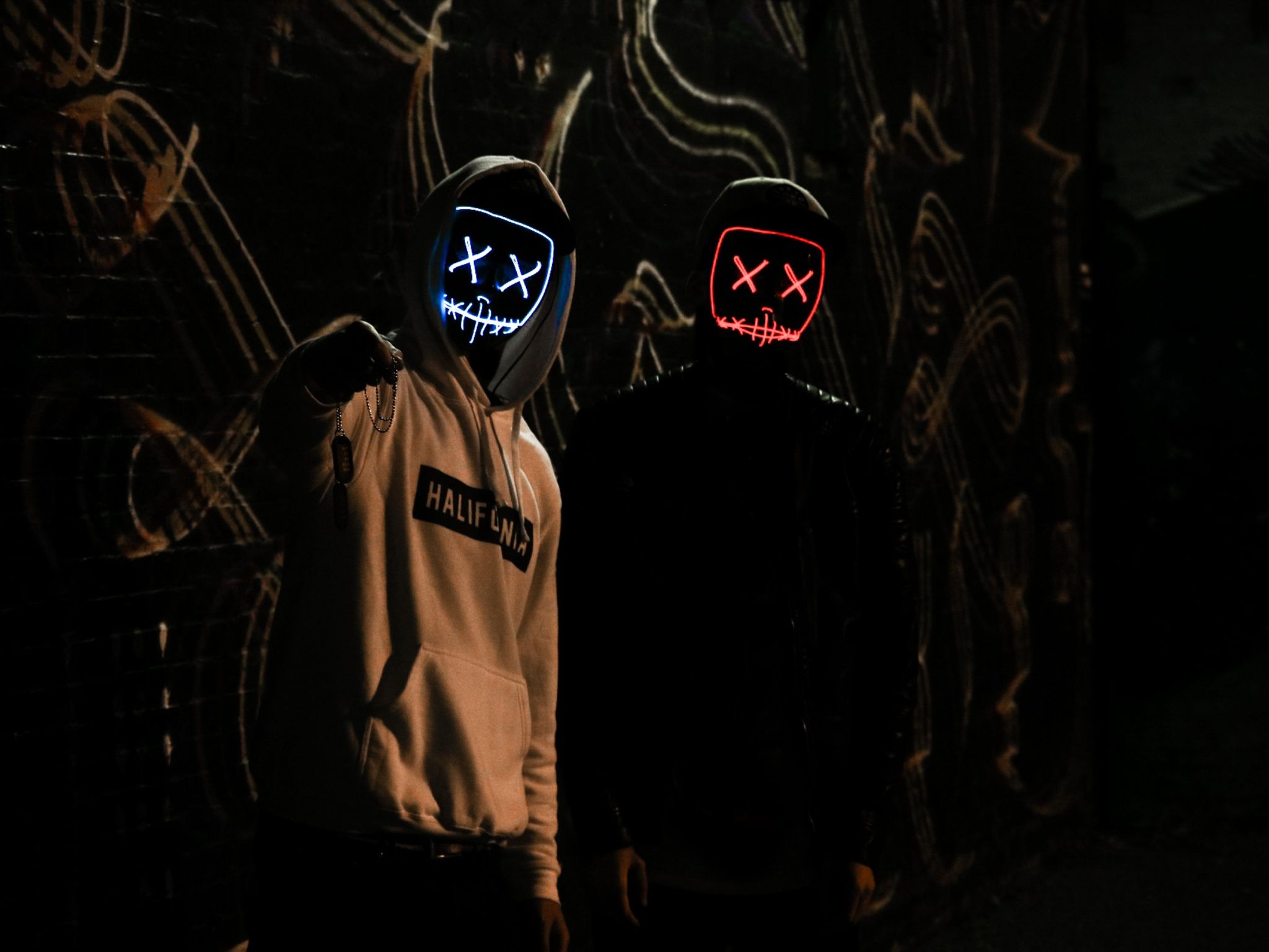 Friends 4K Wallpaper, Anonymous, LED masks, Dark, Hoodie, 5K, Photography