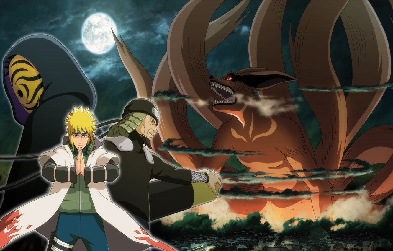 Wallpaper moon, game, anime, man, ninja, asian, mask, Uchiha, manga, shinobi, japanese, Namikaze Minato, Sarutobi Sends The Three, Naruto Shippuden, Kyuubi, Tobi image for desktop, section сёнэн