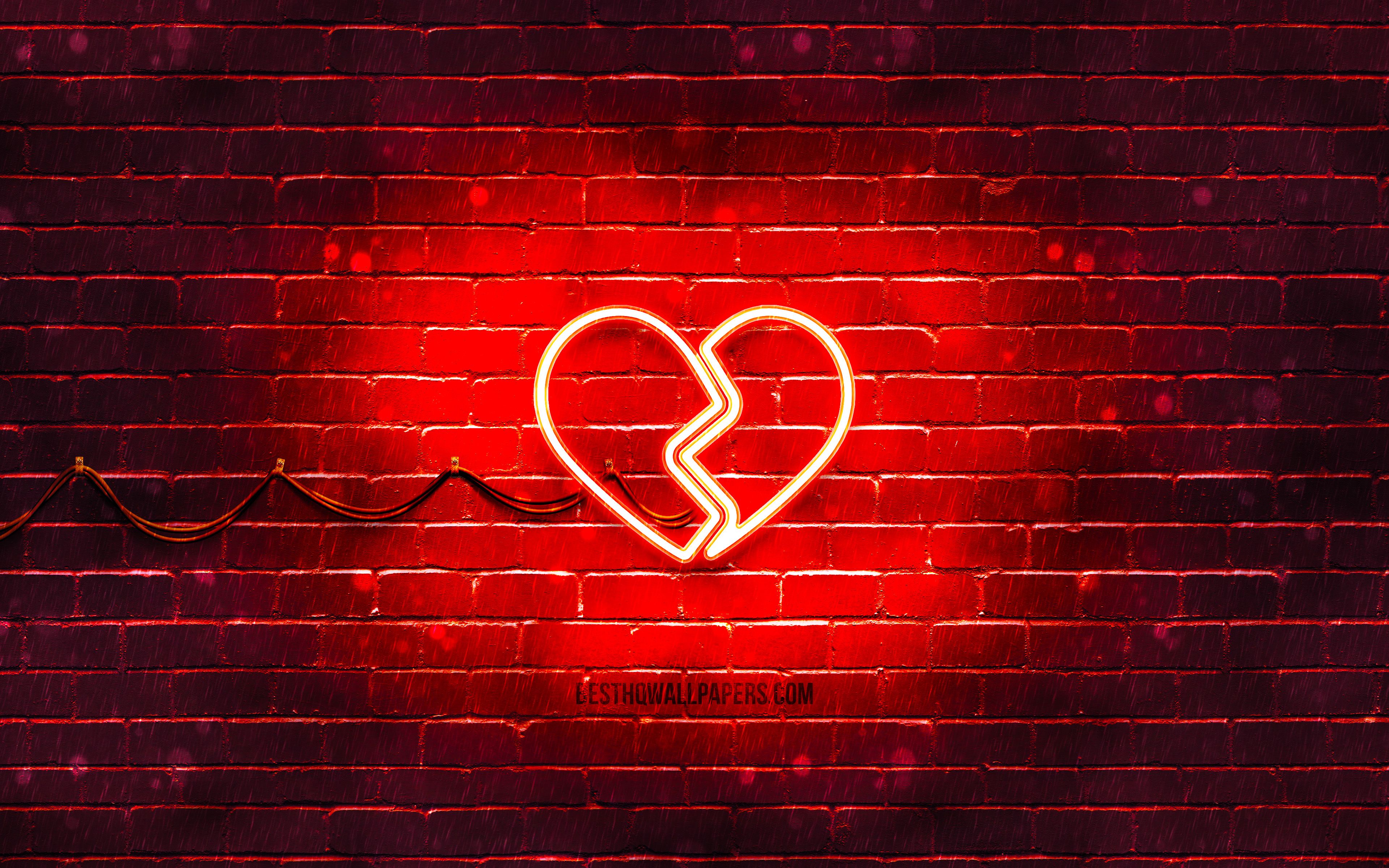 Download wallpaper Broken Heart neon icon, 4k, red background, neon symbols, Broken Heart, neon icons, Broken Heart sign, love signs, Broken Heart icon, love icons, love concepts for desktop with resolution 3840x2400