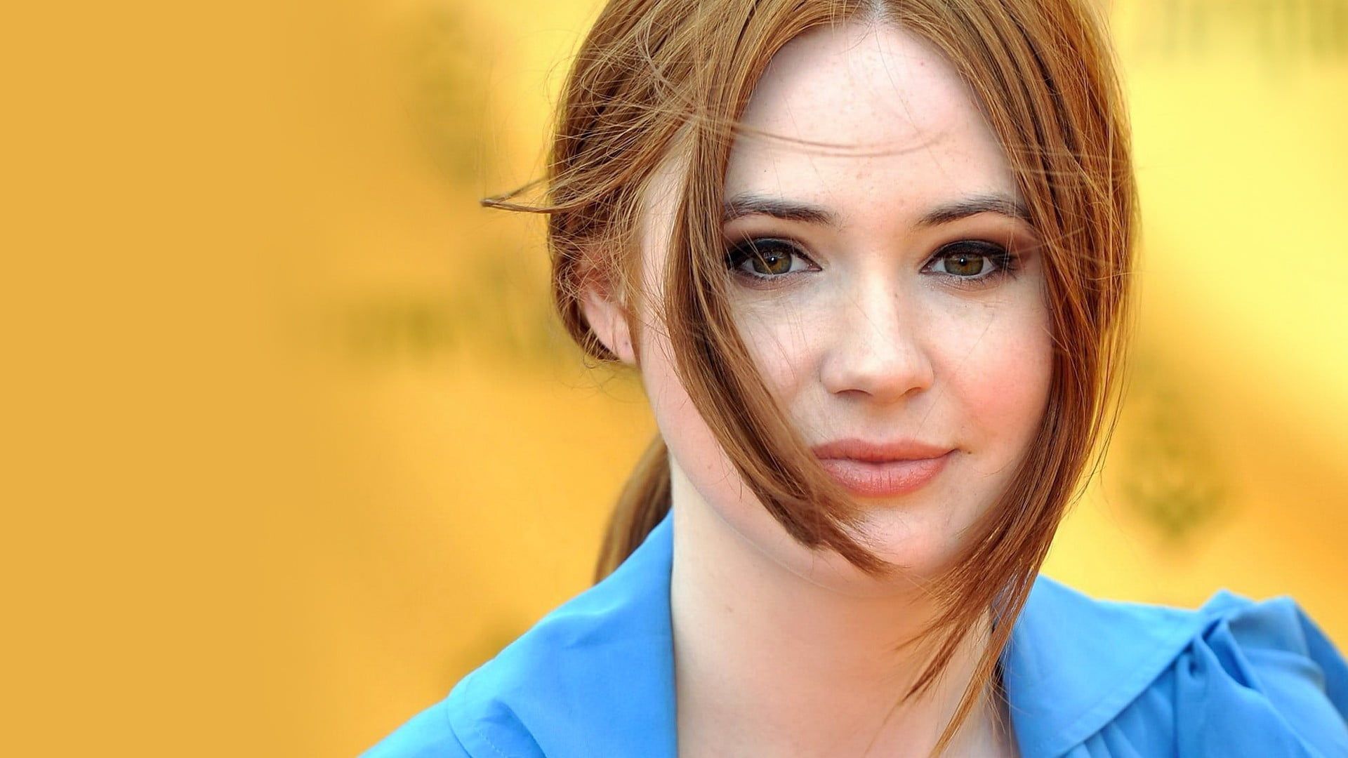 Karen Gillan #redhead #closeup #women #model #face hair in face #smiling yellow background P #wallpaper #hdwallpaper #desktop. Karen gillan, Karen, Katie fey