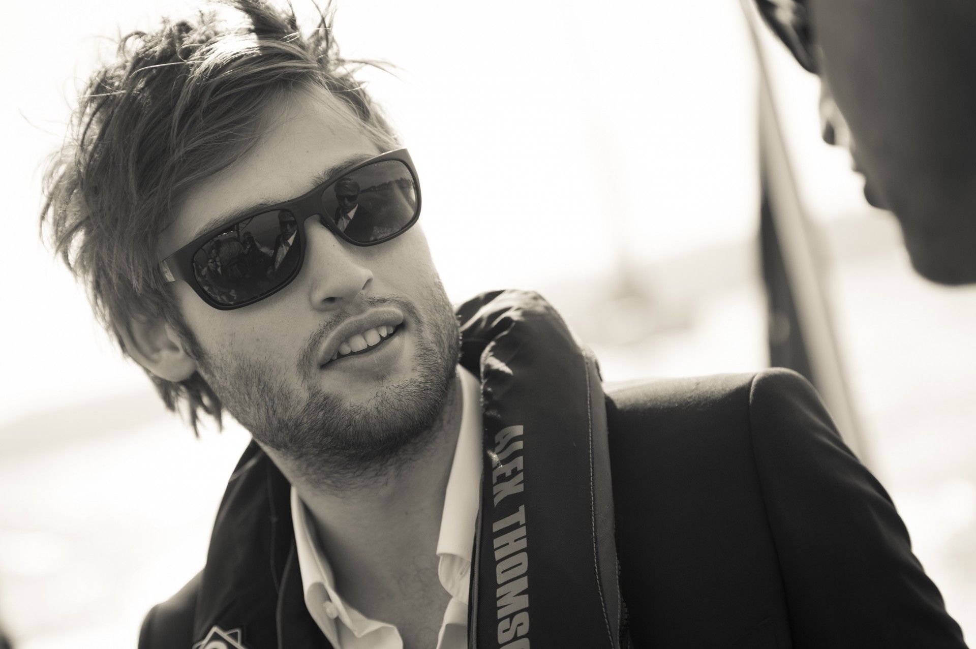Wallpaper, douglas booth, glasses, bristle, bw 1920x1277
