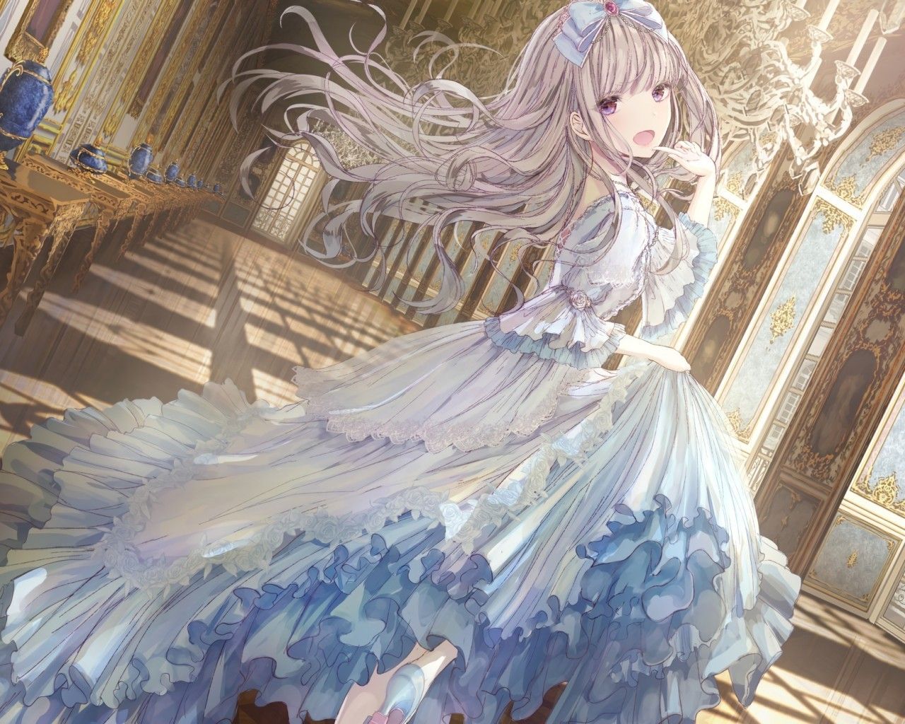 Download 1280x1024 Pretty Anime Girl, Purple Eyes, Dress, Lolita Fashion, Long Hair Wallpaper