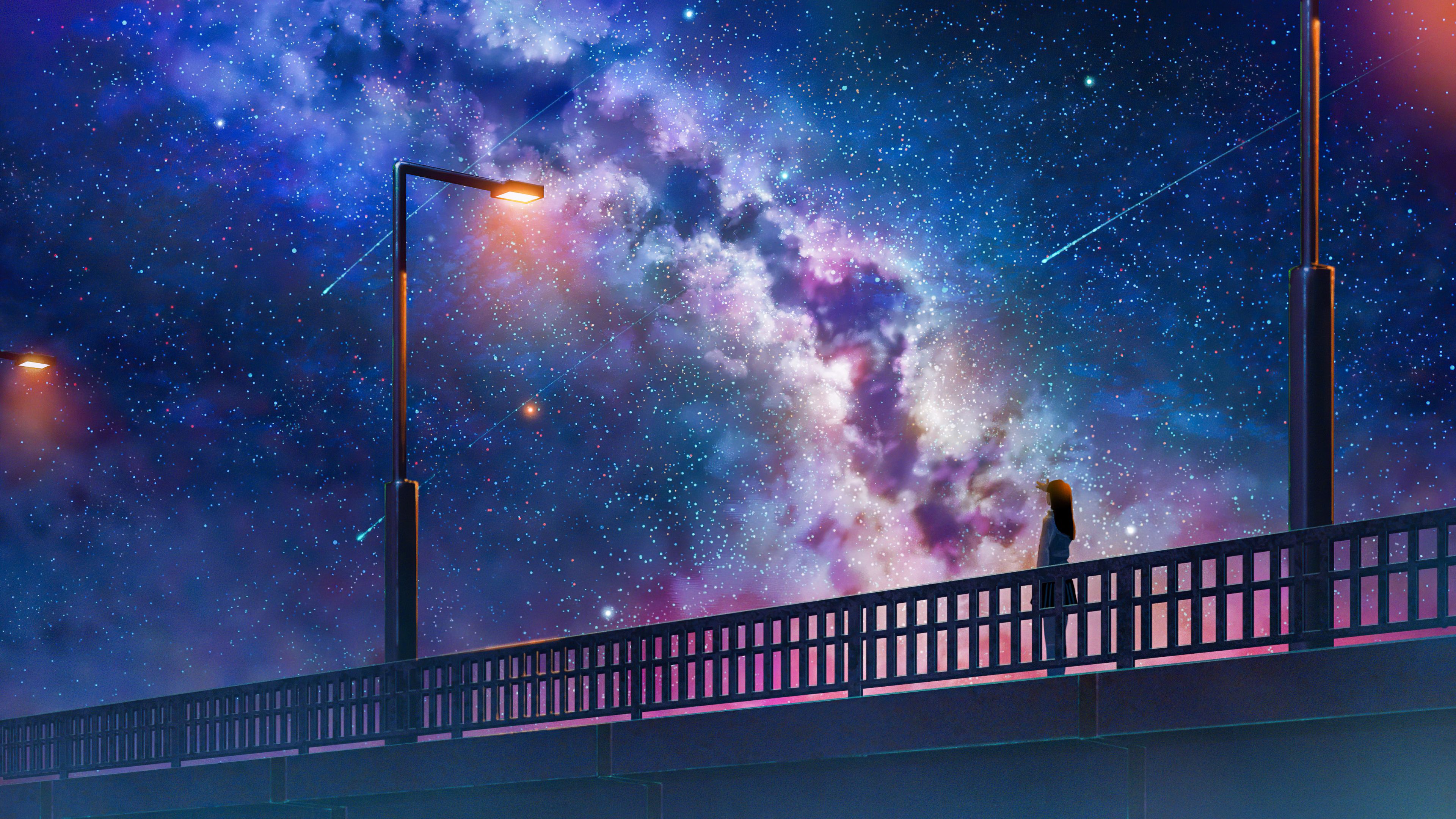 Anime Girl Alone At Bridge Watching The Galaxy Full Of Stars 4k, HD Anime, 4k Wallpaper, Image, Background, Photo and Picture