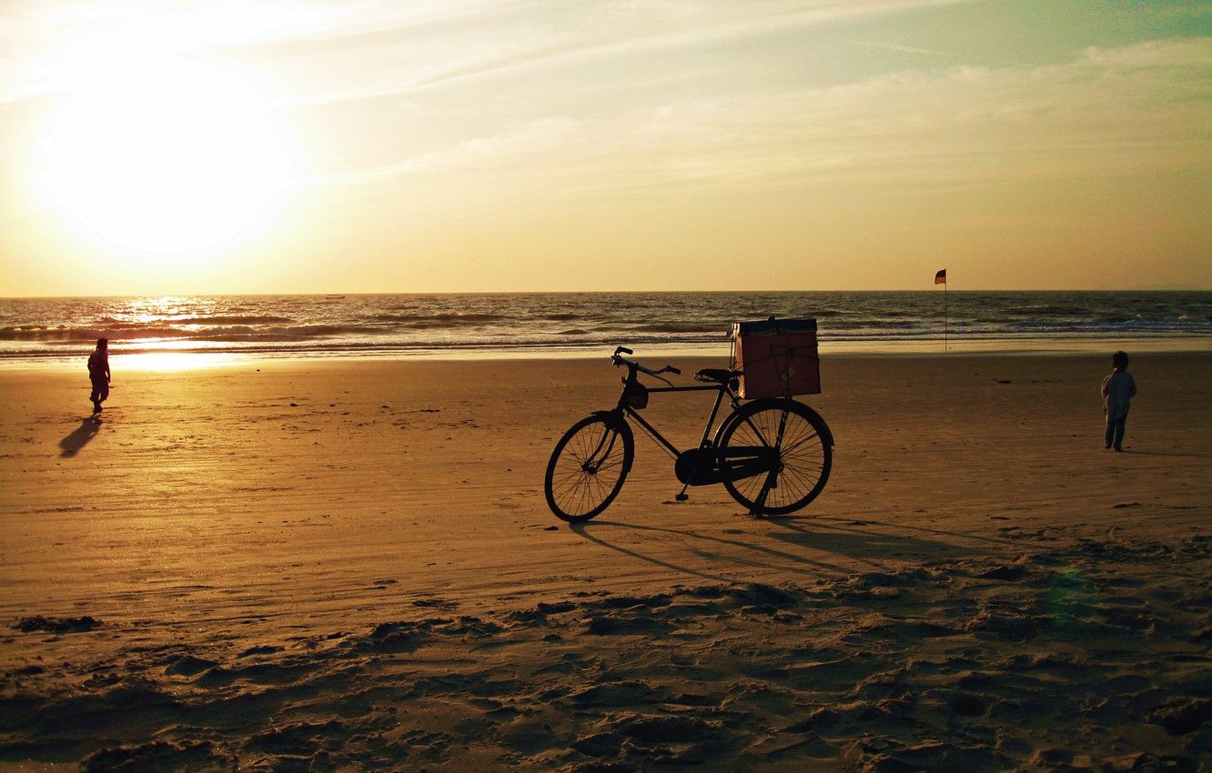 Wallpaper sand, sea, beach, the sky, the sun, sunset, bike, children, the ocean, India, Goa image for desktop, section природа