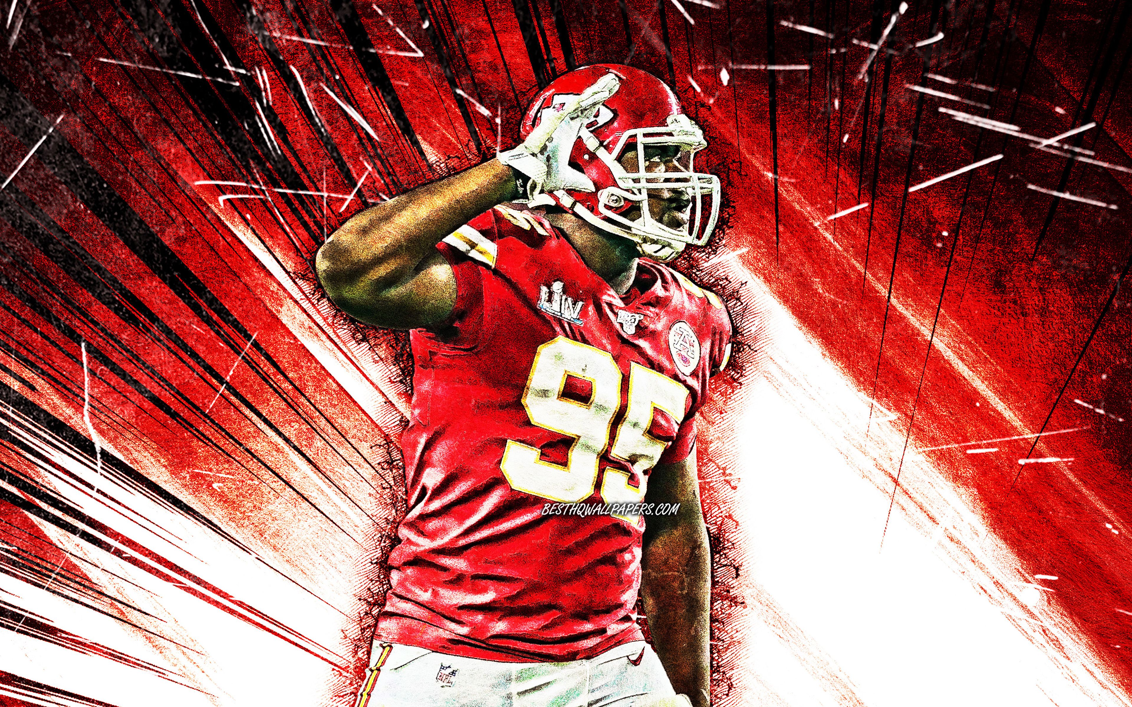 Download wallpaper 4k, Chris Jones, red abstract rays, Kansas City Chiefs, defensive tackle, american football, NFL, Christopher Deshun Jones, National Football League, KC Chiefs, Chris Jones 4K, grunge art, Chris Jones KC