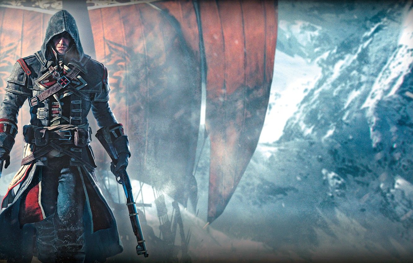 Wallpaper snow, weapons, ship, ice, hands, hood, Templar, sails, killer, Ubisoft, Game, Shay Patrick Cormac, Assassin's Creed: Rogue image for desktop, section игры