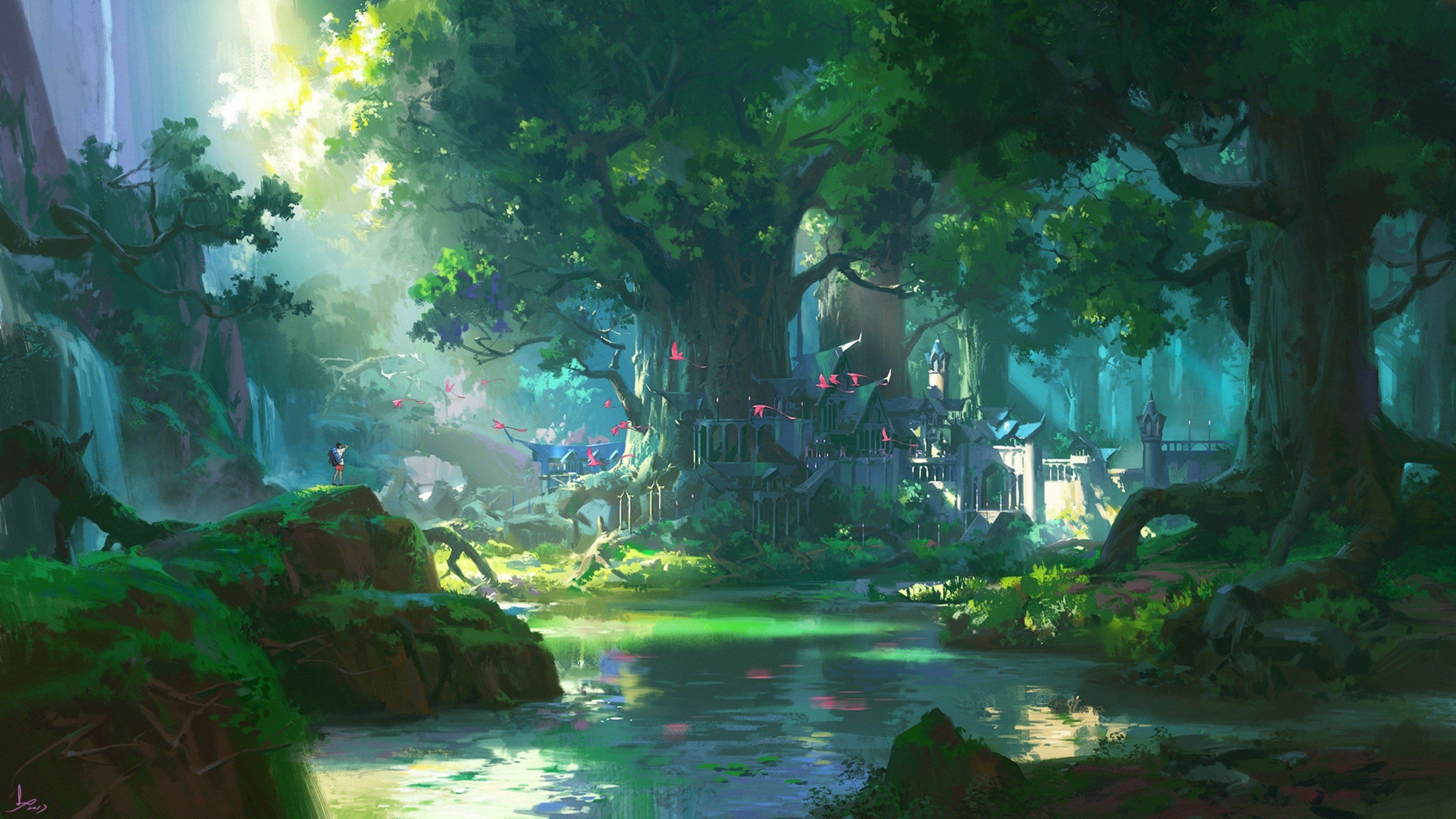 Forest, anime, green, landscape, scenery, tree, HD phone wallpaper | Peakpx
