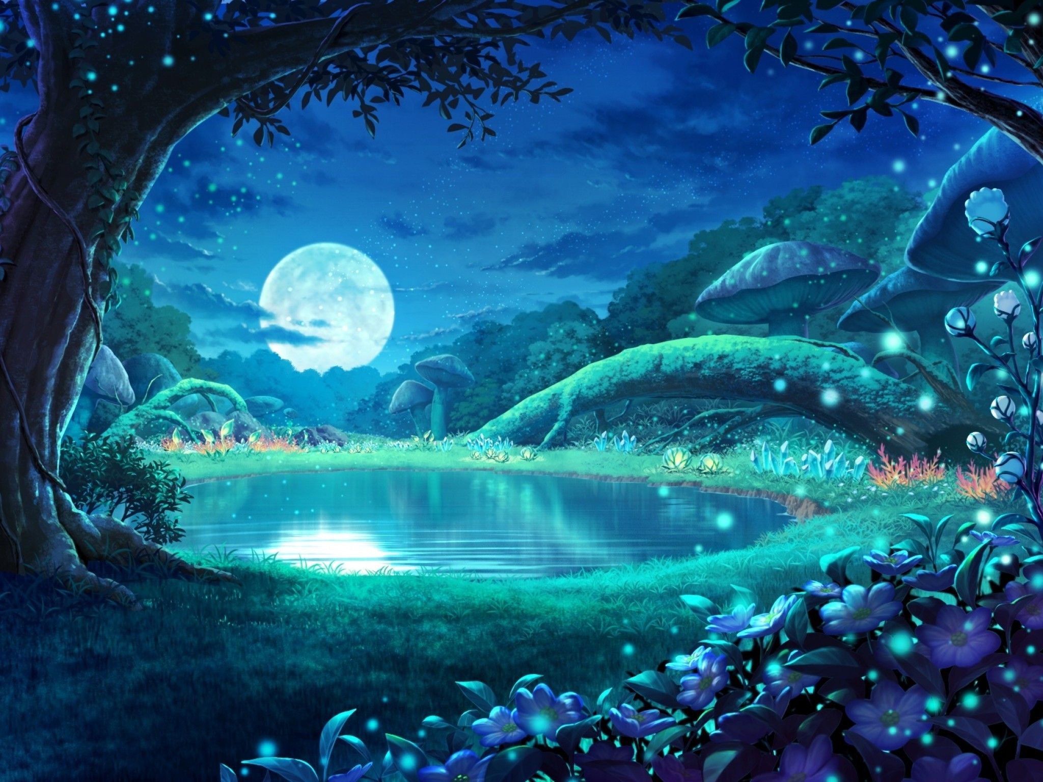 Download 2048x1536 Anime Landscape, Moonlight, Forest, Reflection, Mushrooms, Stars, Night Wallpaper for Ainol Novo 9 Spark