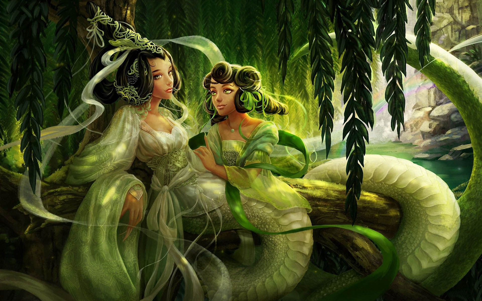 Demon Green Snake Ladies twins Fantasy art Wallpaper, Wallpaper13.com