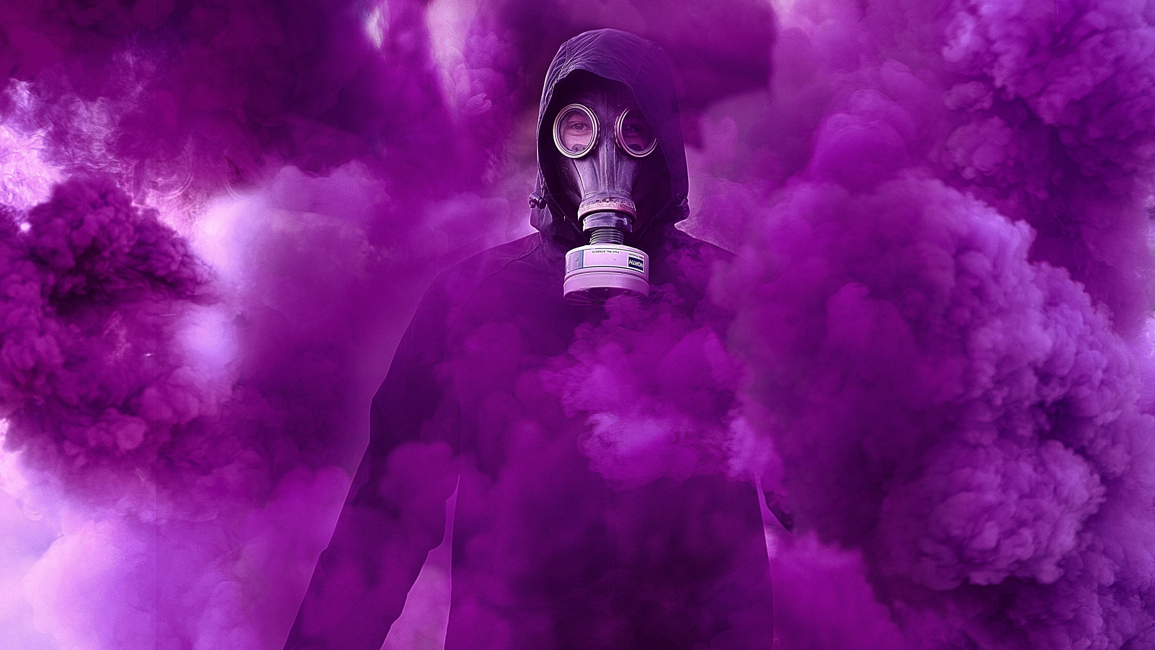 Gas mask 4K Wallpaper, Hoodie, Person in Black, Purple Smoke, Protective Gear, 5K, People