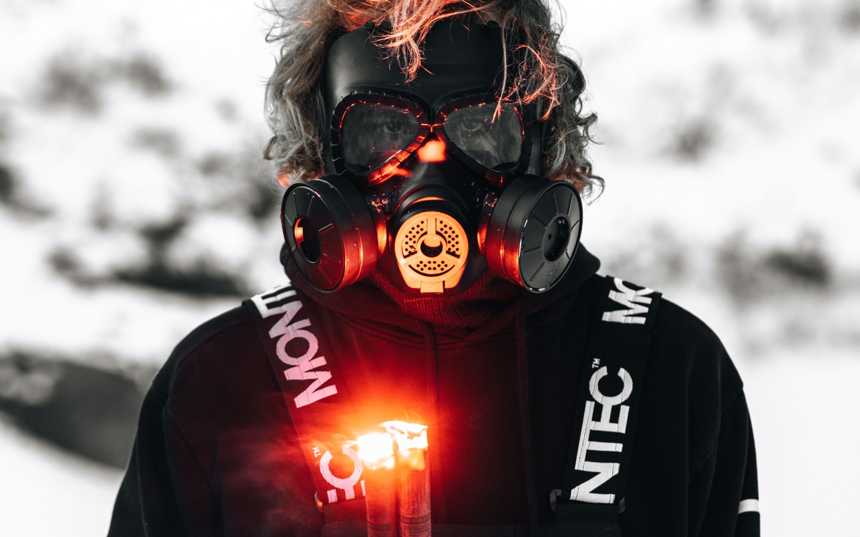 Gas mask 4K Wallpaper, Hoodie, Person, Flare, Adventure, 5K, Photography