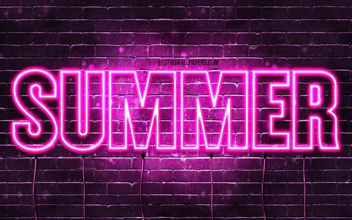 Download wallpaper Summer, 4k, wallpaper with names, female names, Summer name, purple neon lights, horizontal text, picture with Summer name for desktop free. Picture for desktop free