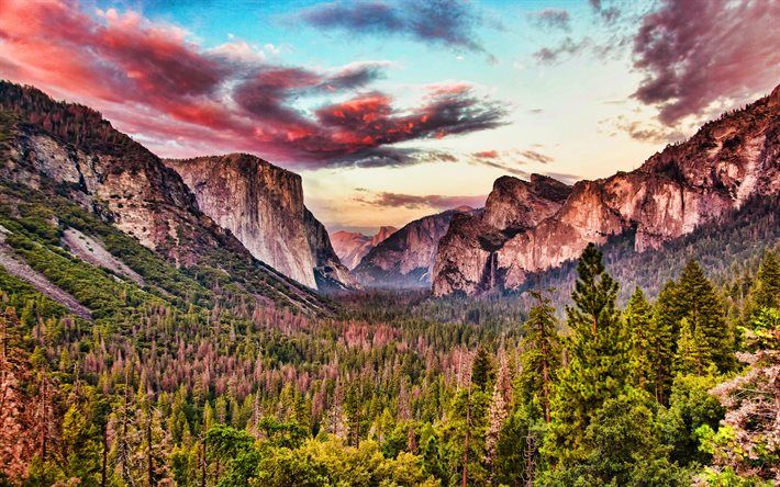 Download wallpaper Yosemite National Park, sunset, mountains, HDR, California, beautiful nature, summer, USA, America, american landmarks for desktop free. Picture for desktop free