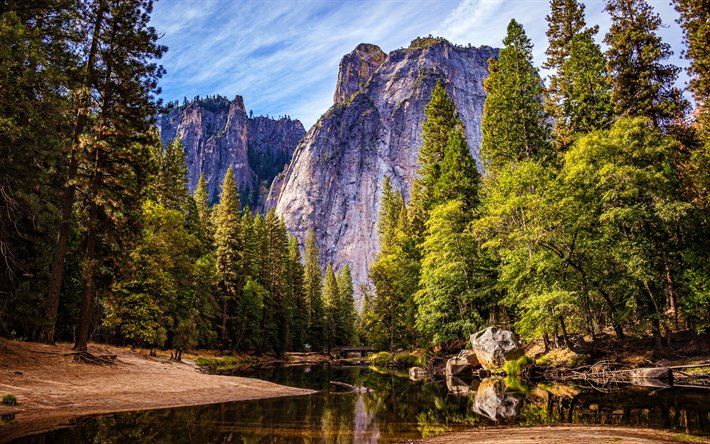 Download wallpaper Yosemite National Park, river, mountains, summer, California, beautiful nature, USA, America for desktop free. Picture for desktop free