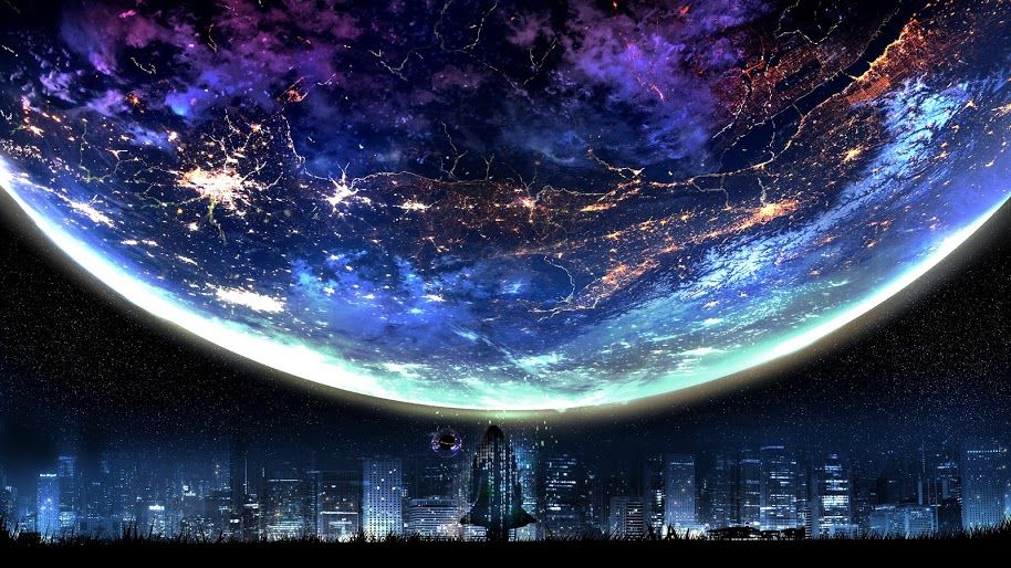Planet Night City Landscape Scenery Anime 4K Wallpaper
