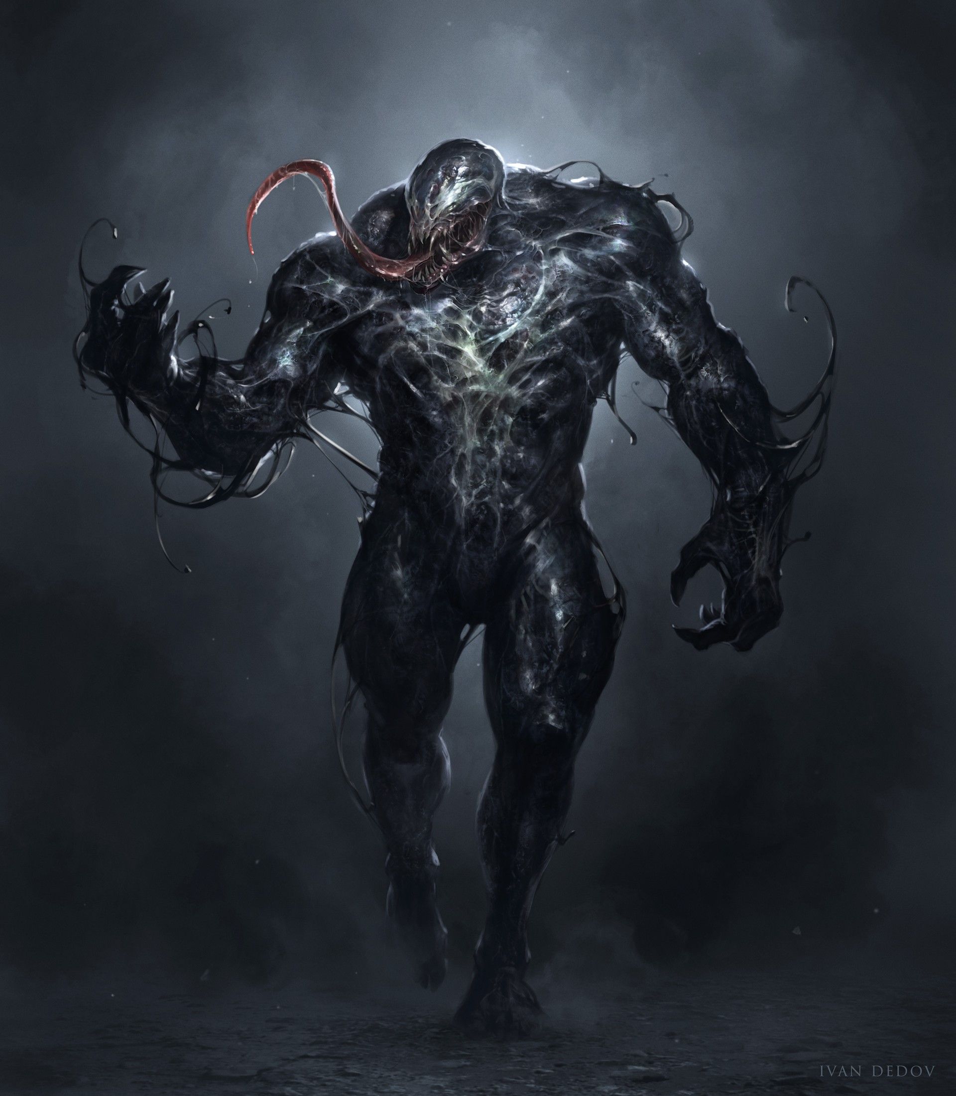 Portrait Display, Looking Away, Concept Art, Spider Man, Venom, Marvel Comics, Frontal View, Ivan Dedov, Digital Art, Muscular, 2D, Tongues, Symbiote, Fan Art, Dark, Creature, Artwork. Mocah HD Wallpaper