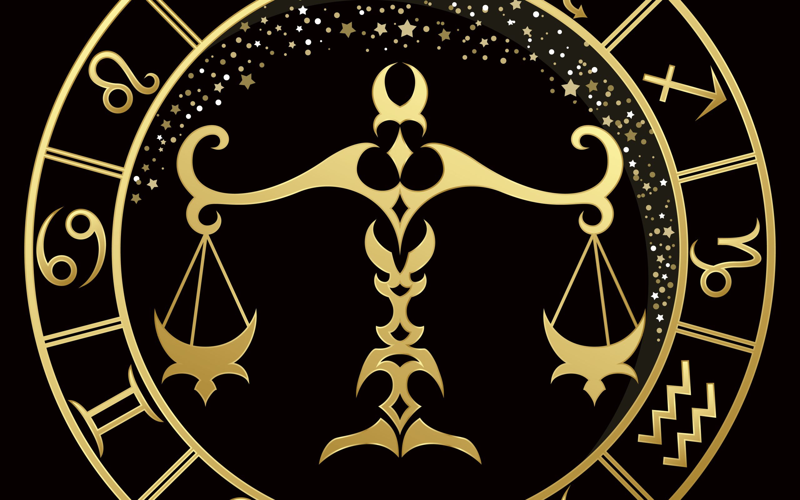 Golden zodiac sign Libra on a black background Desktop wallpaper 2560x1600