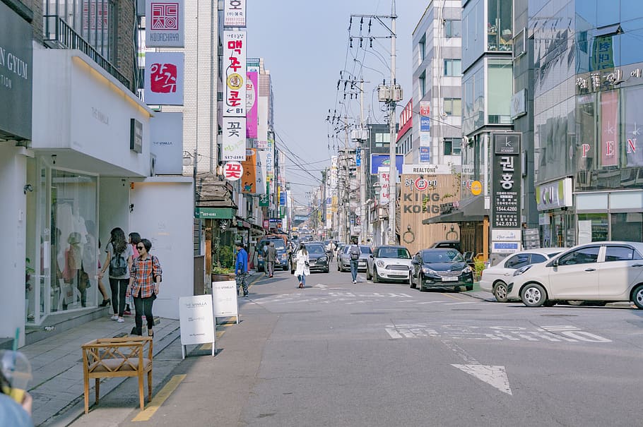 Seoul, South Korea, Apgujeong Dong, Street, Busy, City, Aesthetic Tumblr Wallpaper Desktop