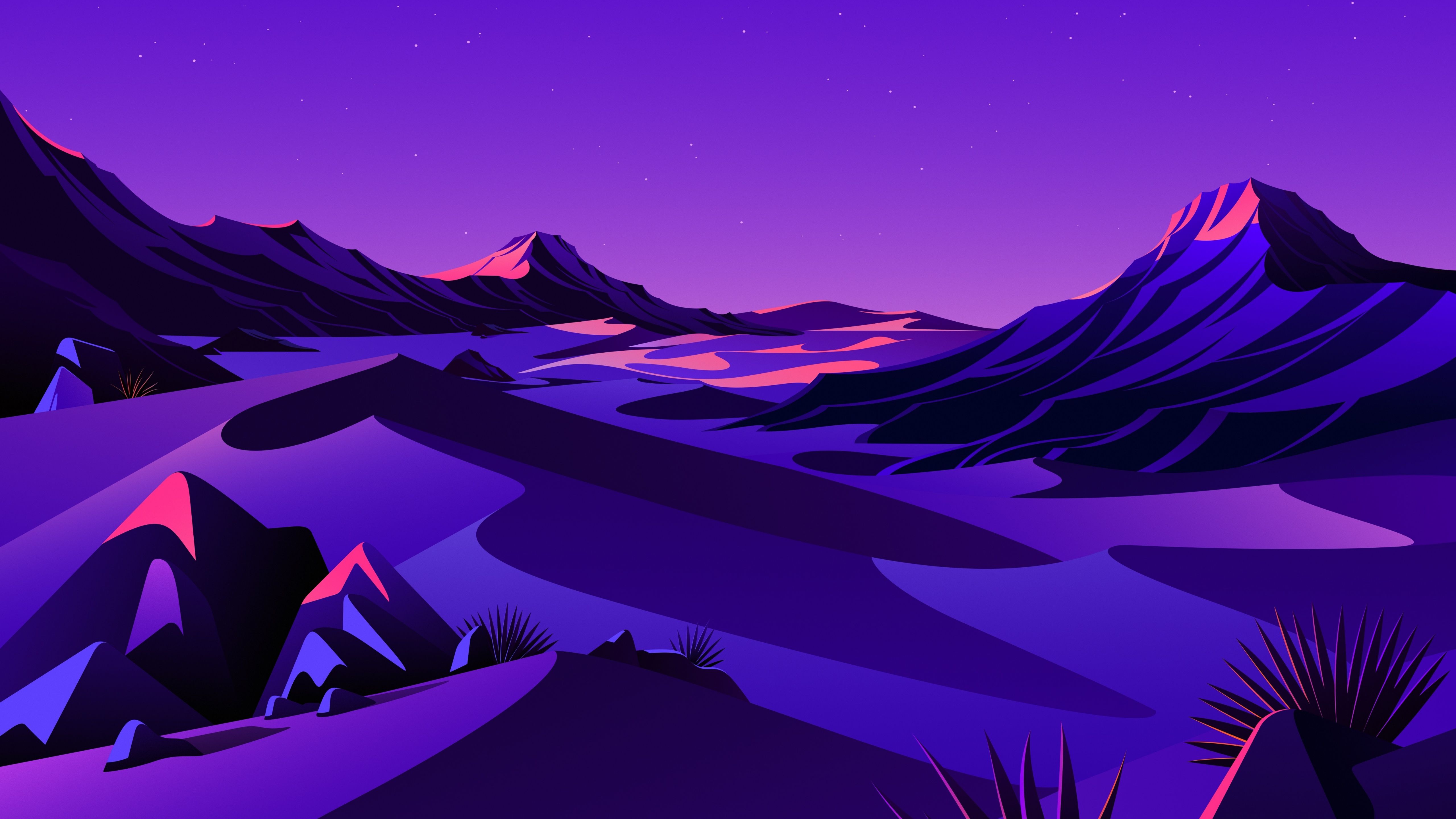 Lake 4K Wallpaper, Mountains, Rocks, Twilight, Sunset, Starry sky, Purple sky, Scenery, Nature