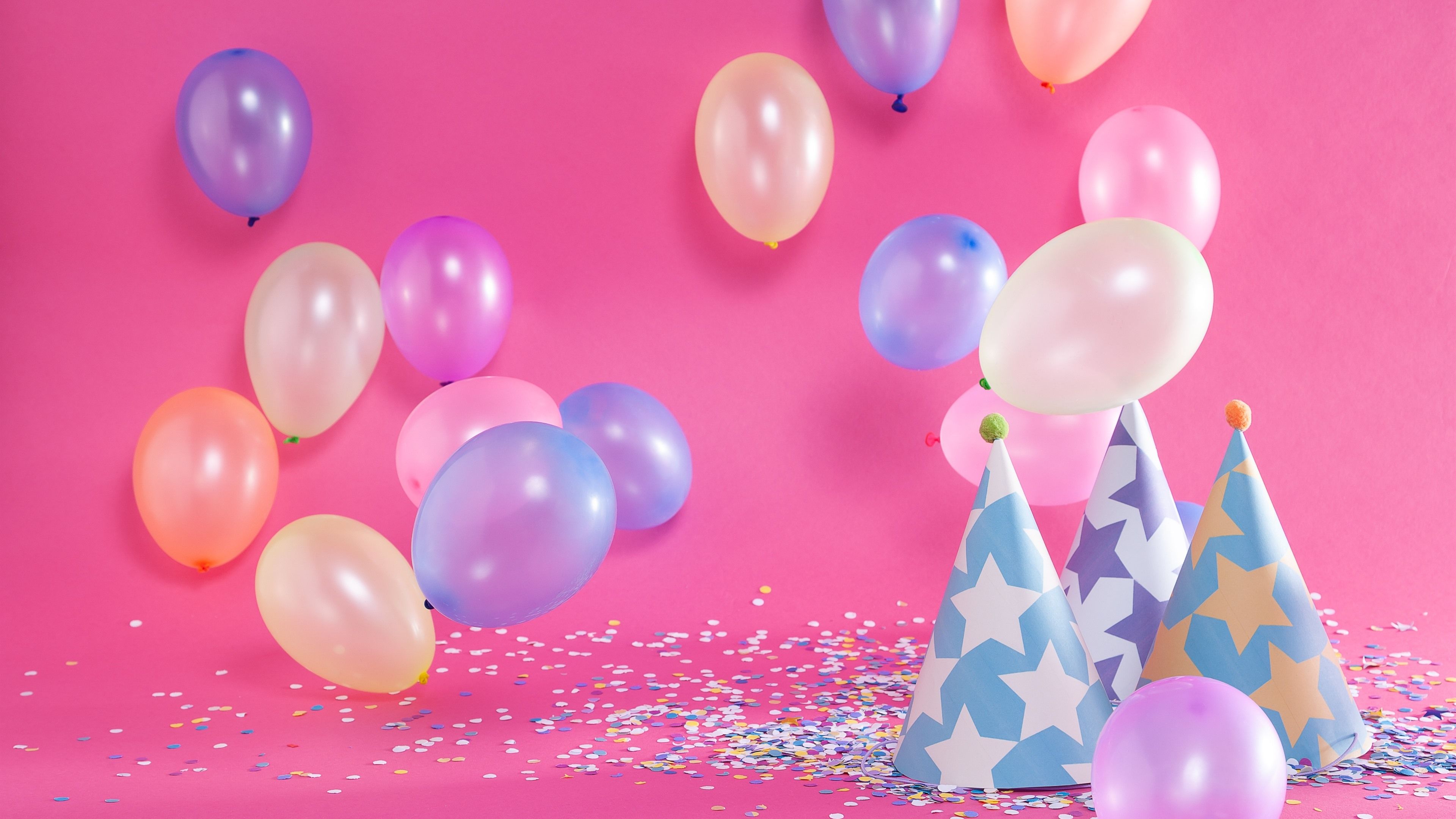 Wallpaper Some colorful balloons, hat, decoration, Birthday 3840x2160 UHD 4K Picture, Image