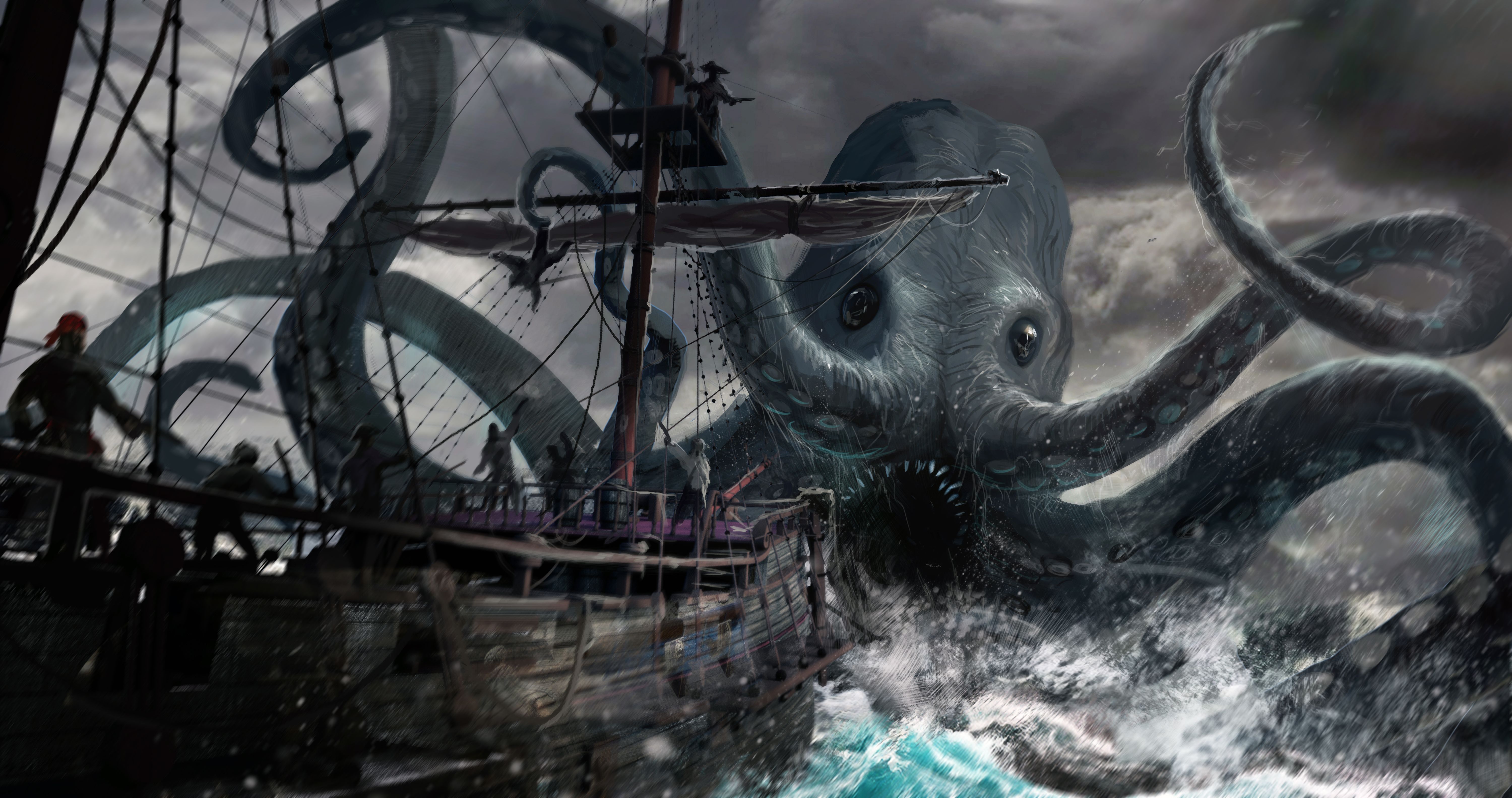 Sea Monster, Ship, Pirate wallpaper