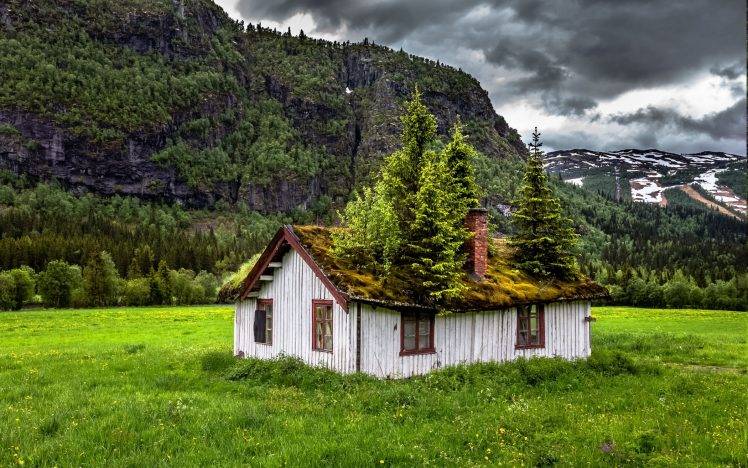 landscape, Nature, Summer, Abandoned, Norway, Grass, Clouds, Mountain, House, Trees, Green Wallpaper HD / Desktop and Mobile Background