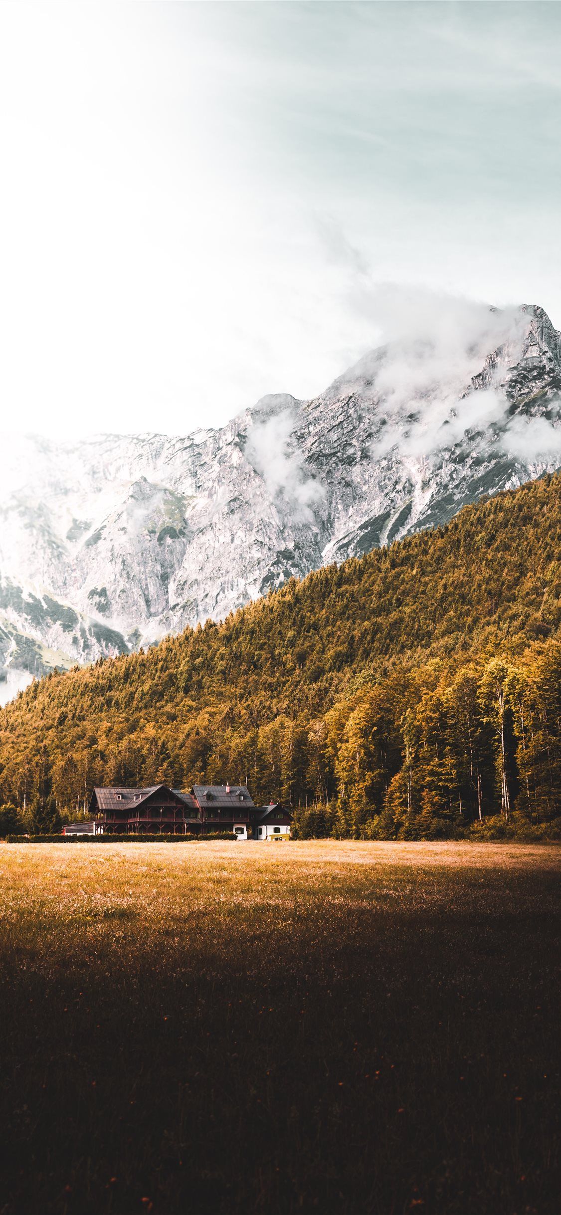 House Forest and Mountain in Austria iPhone X Wallpaper Free Download