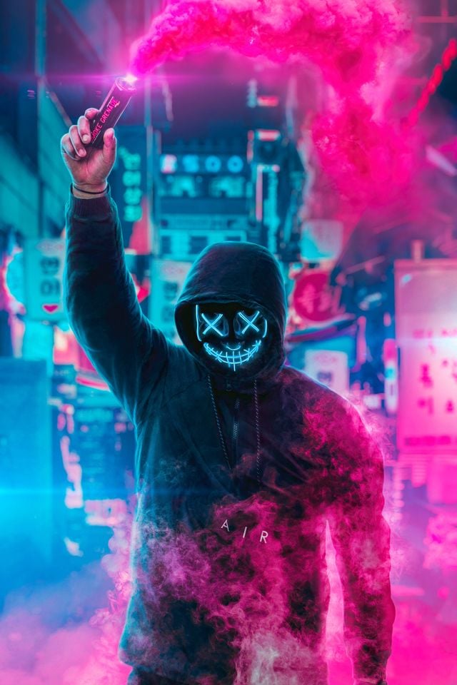 Mask Guy Neon Man With Smoke Bomb 4k iPhone iPhone 4S HD 4k Wallpaper, Image, Background, Photo and Picture
