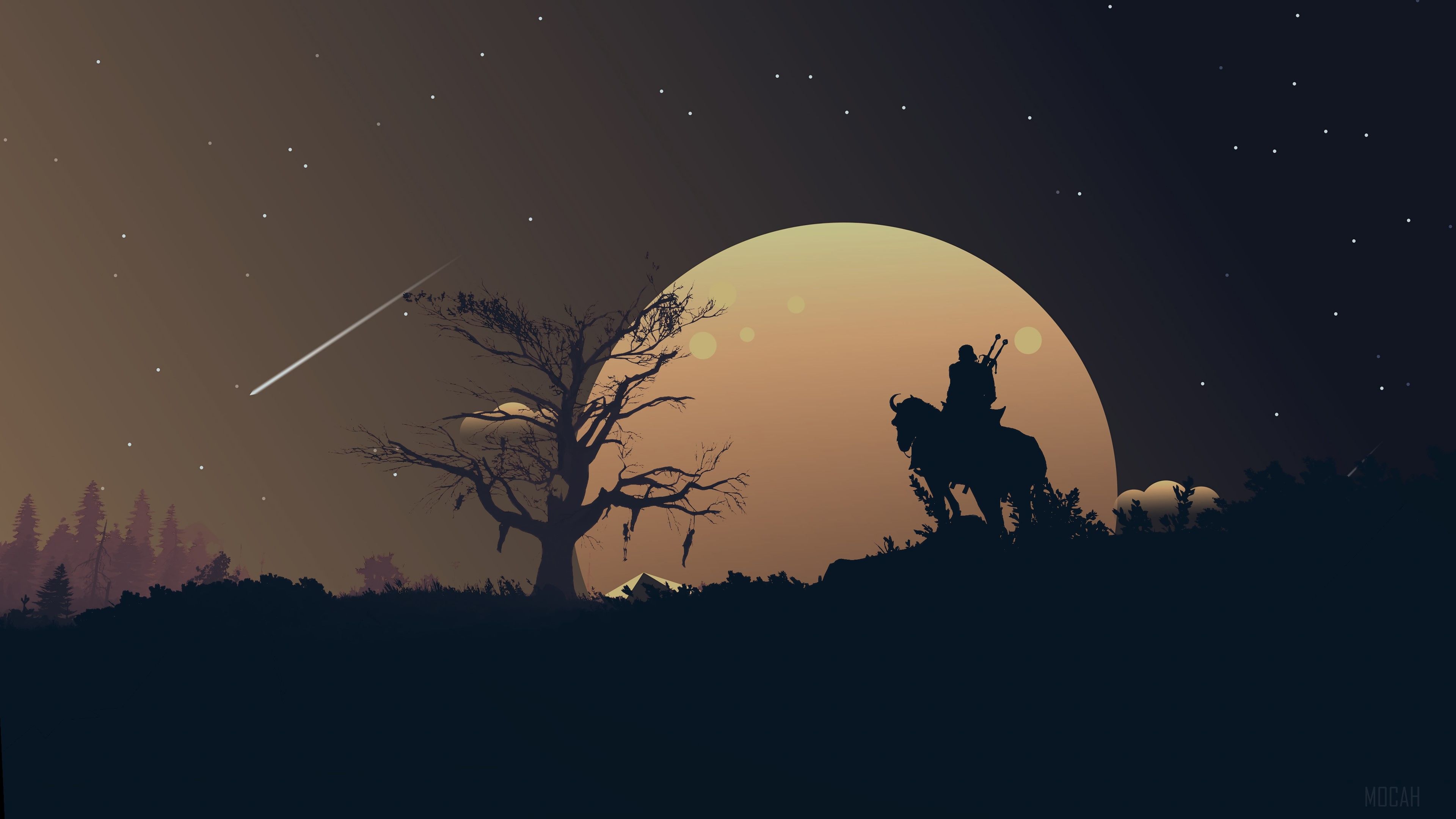 Digital Art, Geralt, Geralt of Rivia, The Witcher, Video Game, Minimalist, Minimalism, Simple, Moon, Night 4k wallpaper HD Wallpaper