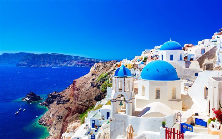 Download wallpaper Greek island, Thira, summer, Santorini, Greece, 4k, romantic places, Aegean Sea for desktop free. Picture for desktop free