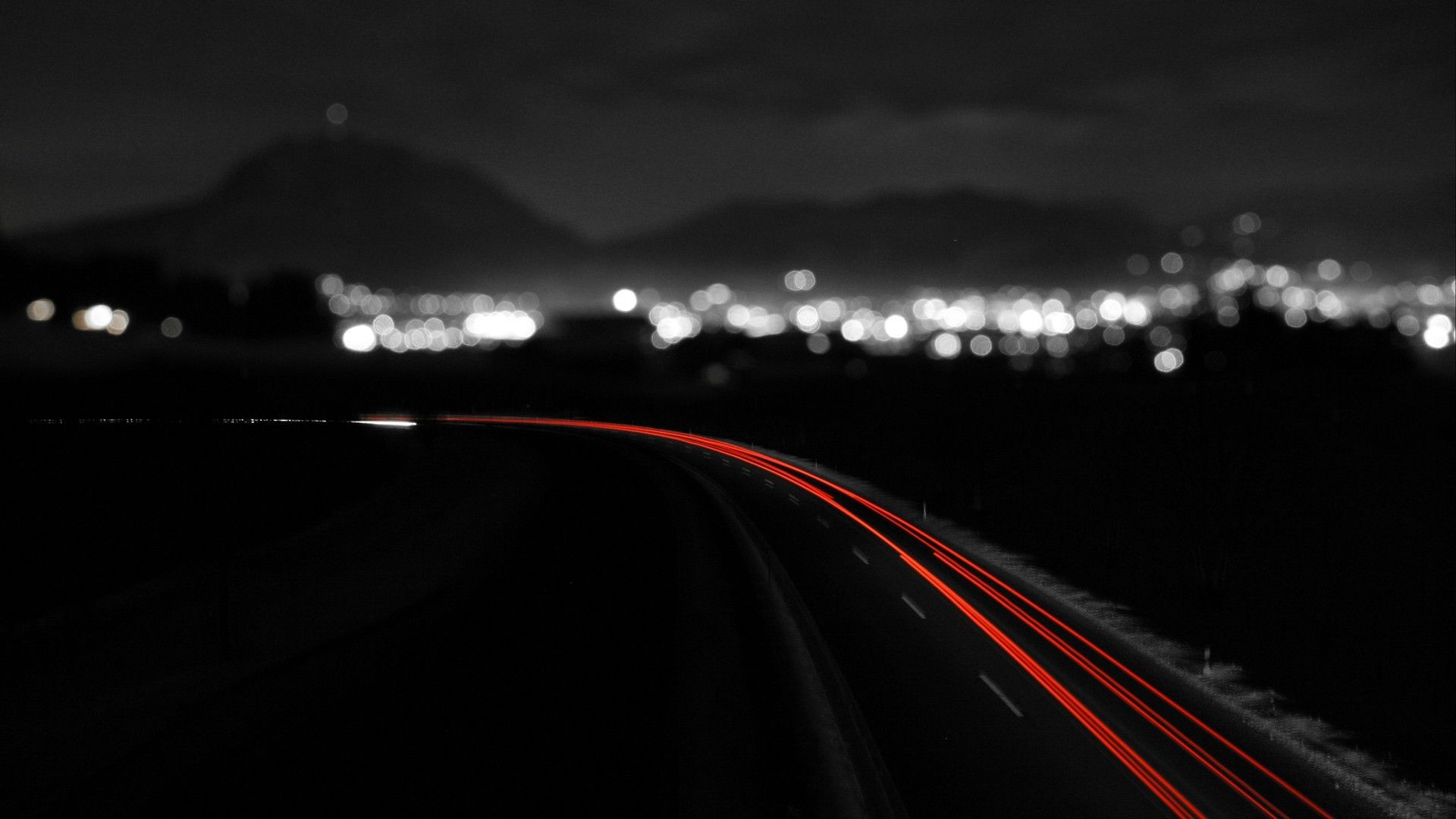 Wallpaper, lights, dark, night, road, long exposure, selective coloring, traffic, light, line, darkness, computer wallpaper, black and white, monochrome photography 1920x1080