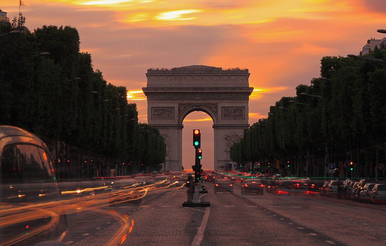 Wallpaper lights, Paris, the evening, twilight, Champs Elysees, Arch image for desktop, section город