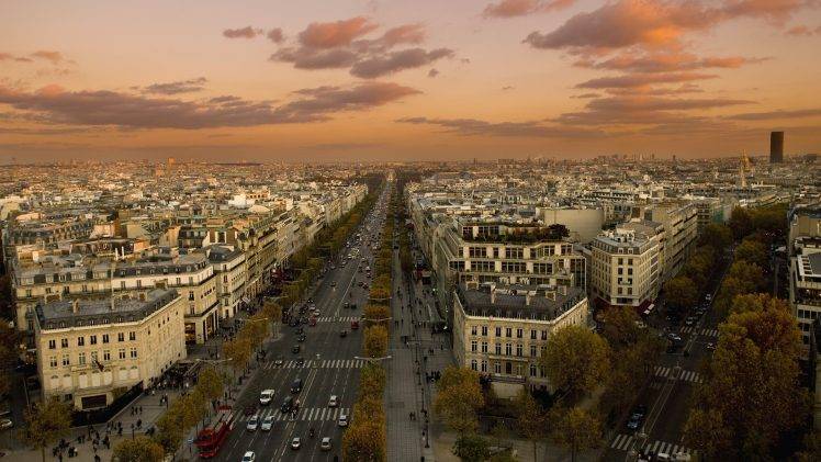 Champs Élysées, Paris, France, City, Cityscape, Road, Car, Sunset, Trees, Building, Clouds Wallpaper HD / Desktop and Mobile Background