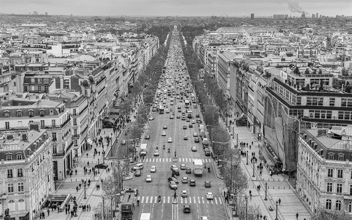 Download wallpaper Paris, Champs Elysees, monochrome, old photo of Paris, retro phot, Champs Elysees old photo, France for desktop free. Picture for desktop free