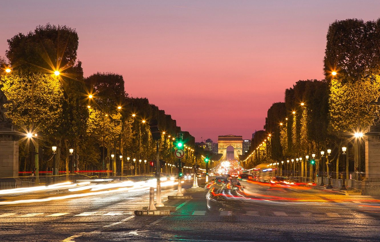 Wallpaper Road, Trees, Lights, France, Paris, The Evening, Excerpt, Lights, Elysian Fields, The Champs Elysées Image For Desktop, Section город