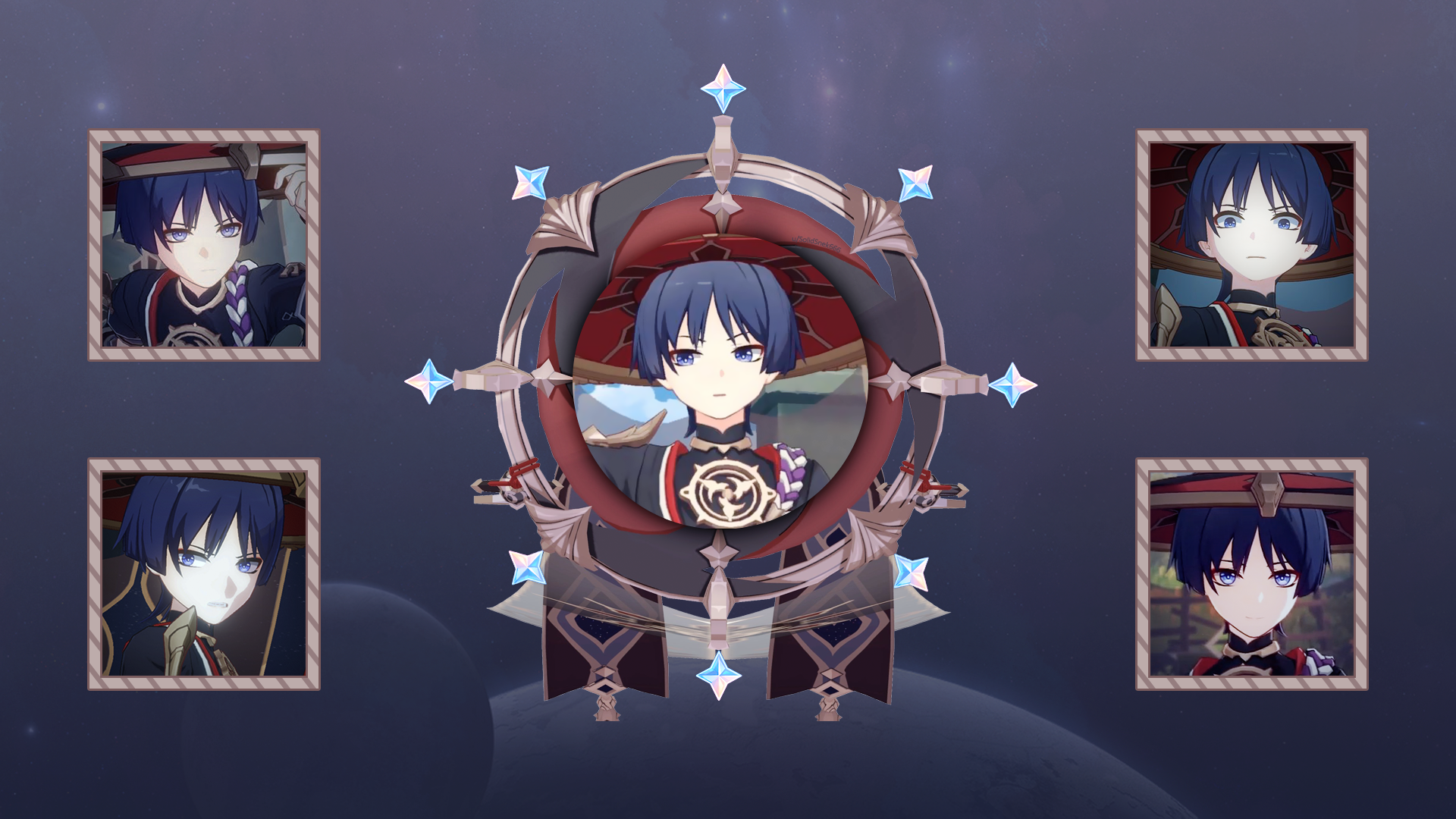 Bored waiting for Scaramouche so I made some desktop wallpaper with him (one also being a meme), feel free to use them too :): ScaramoucheMains